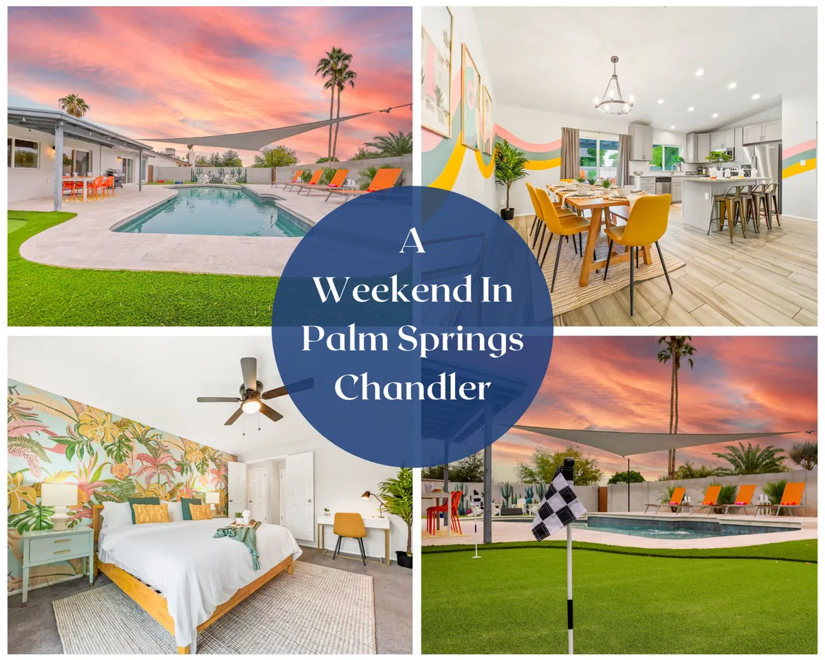 The hero image showcases a beautiful backyard with a sparkling heated swimming pool, a stylish outdoor seating and dining area, and a glimpse of a putting green, all bathed in the glow of an Arizona sunset. The setting is inviting, with ample space for relaxation, play, and al fresco dining, evoking a joyful, carefree mood.